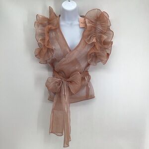 Peach Puff Elegant Sheer V-Neck Shimmering Sleeveless Wrap Top NWT Peach Size S